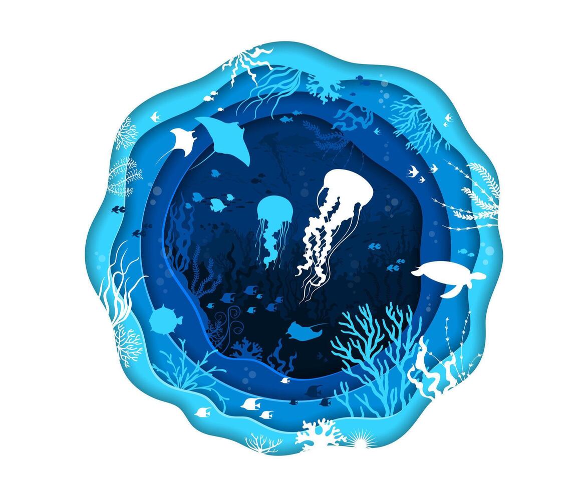 Paper cut sea underwater landscape with animals vector