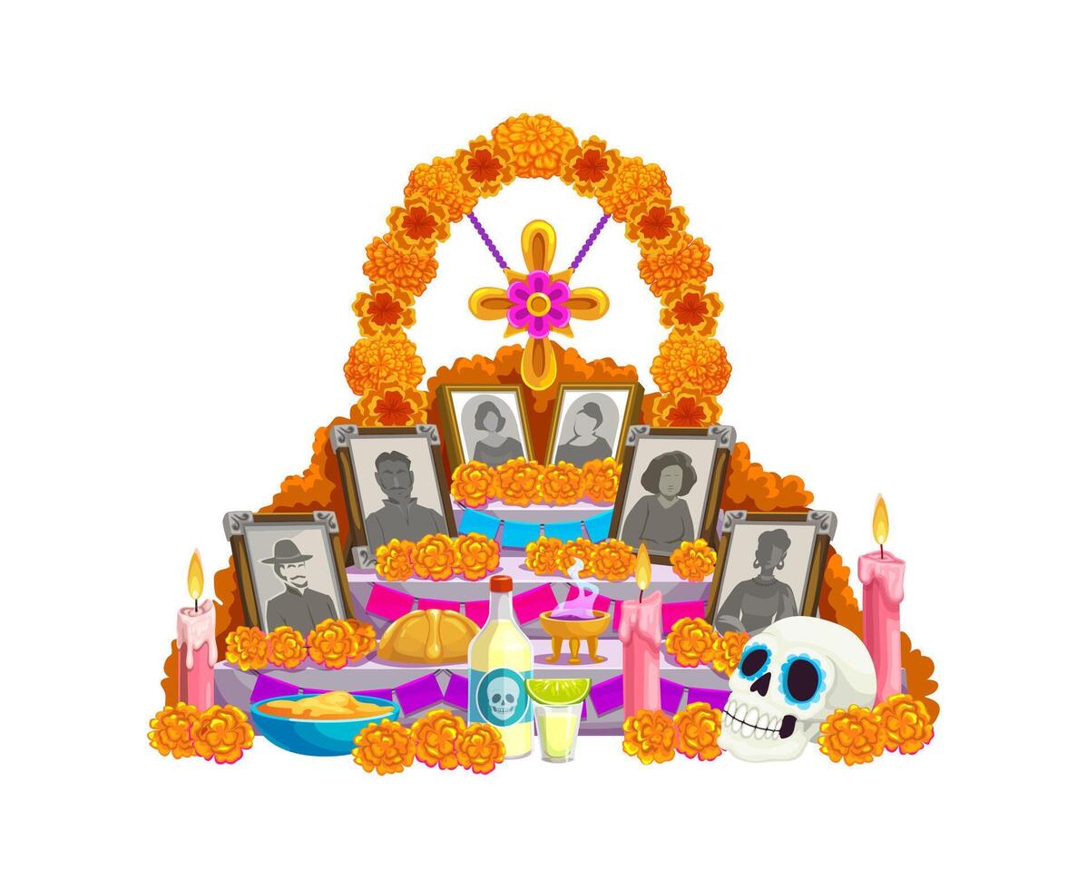 Cartoon day of the dead mexican ofrenda altar vector