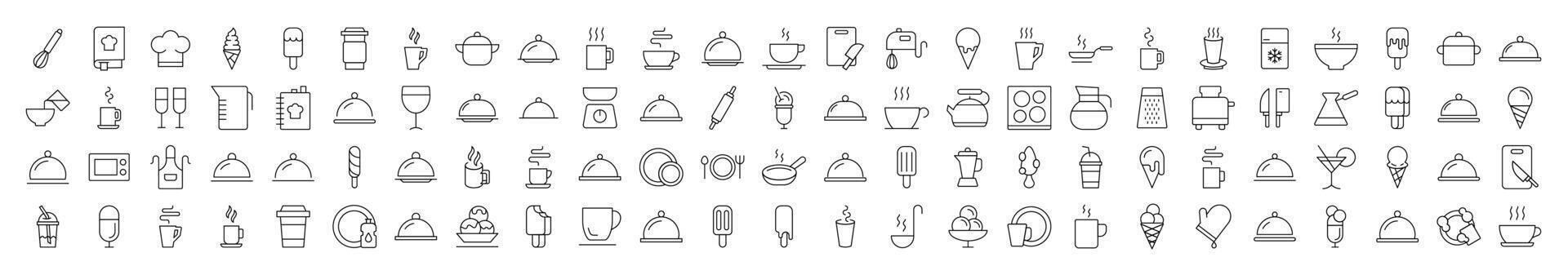 Food, Cooking and Kitchen Line Icon Pack. Modern Collection for Design, Web Sites, Apps, Cards. Contains Linear Images of Coffee, Tea, Ice Cream vector
