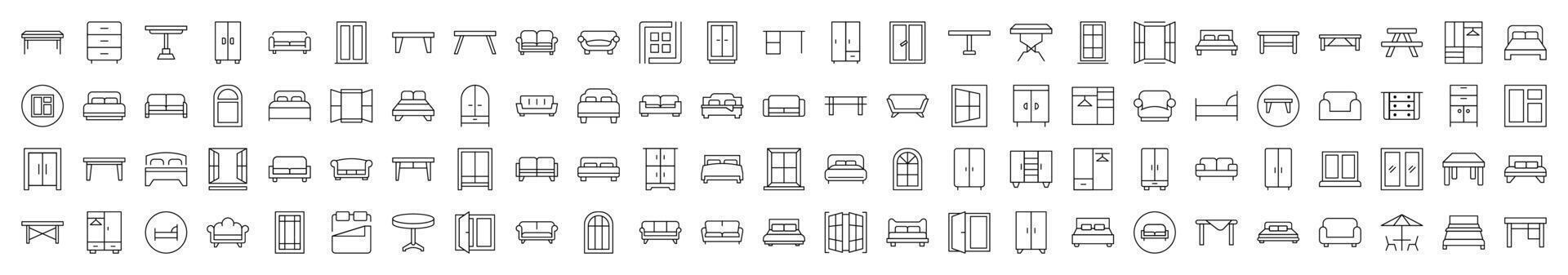 Collection of Furniture Related Line Icons. Editable Stroke for Design, Web Sites, Apps, Cards. Contains Linear Images of Dresser, Couch, Sofa, Table, Window vector