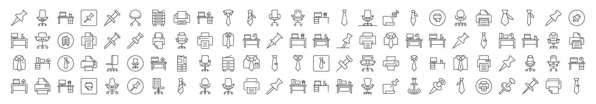 Office Line Icon Pack. Modern Collection for Design, Web Sites, Apps, Cards. Contains Linear Images of Push Button, Tie, Workspace vector