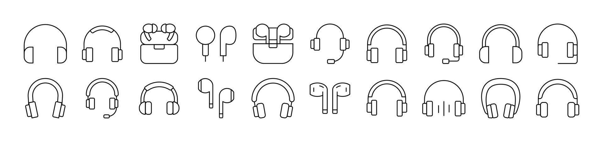 Headphones and Earphones Outline Web Line Icons Collection. Editable Stroke. Minimalistic Linear Pictogram for Design of Cards, Apps, Banners, Posts vector