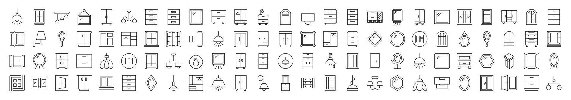 Window, Lamp, Mirror, Dresser, Chandelier Collection of Thin Icons. Editable Stroke. Suitable for Web Sites, Books, Cards, Apps vector