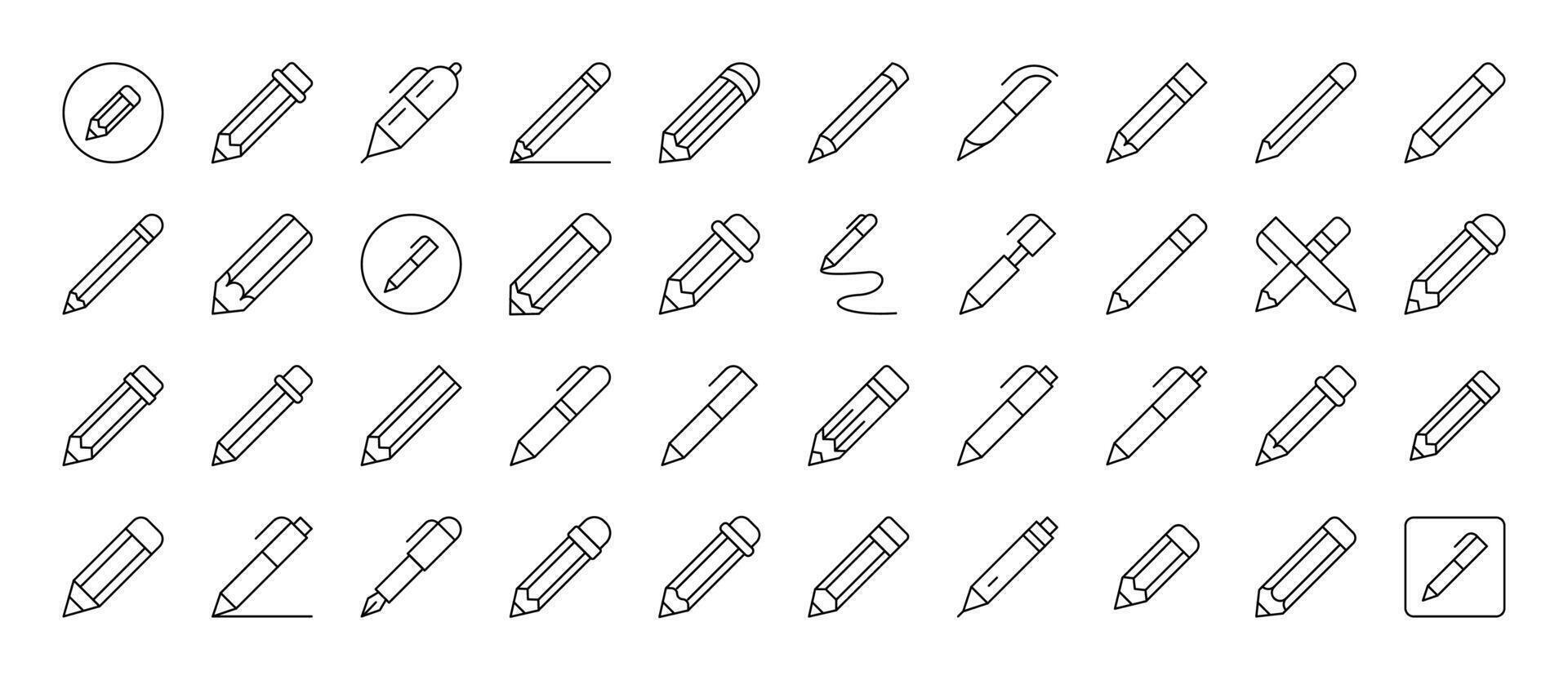 Bundle of Line Icons of Pen and Pencil. Editable Stroke. Minimalistic Linear Pictogram for Design of Cards, Apps, Banners, Posts vector