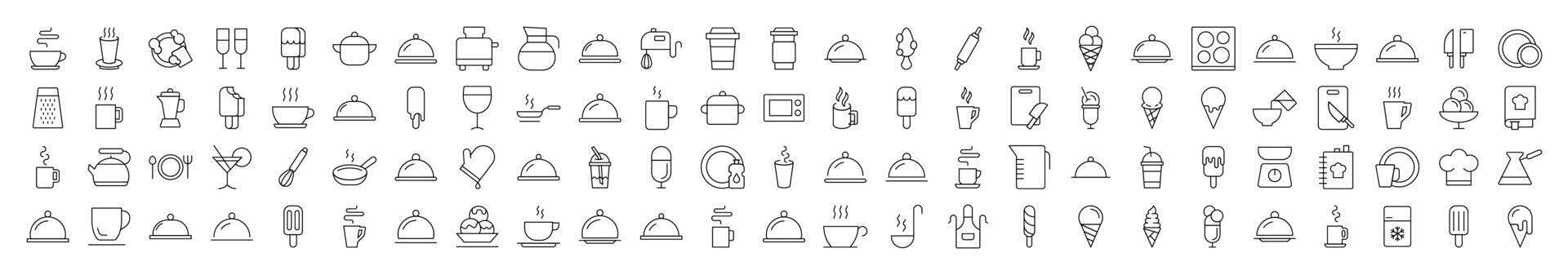 Food, Cooking and Kitchen Line Icon Bundle. Modern Collection for Design, Web Sites, Apps, Cards. Contains Linear Images of Coffee, Tea, Ice Cream vector