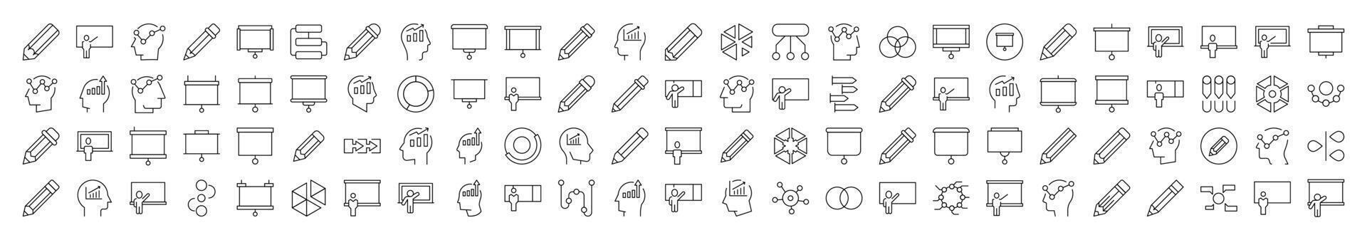 Presentation, Brainstorm, Pencil, Diagram Line Icon Collection. Editable Stroke. Minimalistic Linear Pictogram for Design of Cards, Apps, Banners, Posts vector