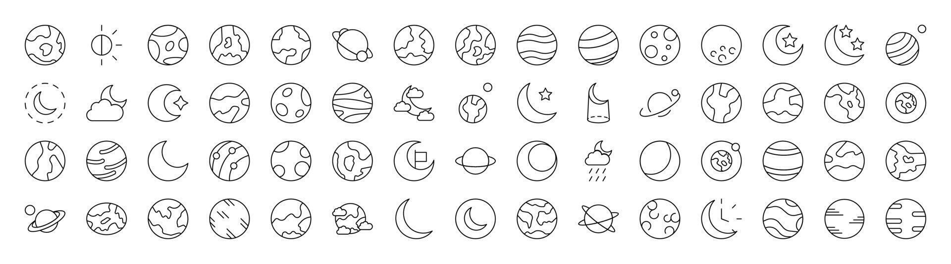 Space Line Icon Bundle. Modern Collection for Design, Web Sites, Apps, Cards. Contains Linear Images of Various Planets vector