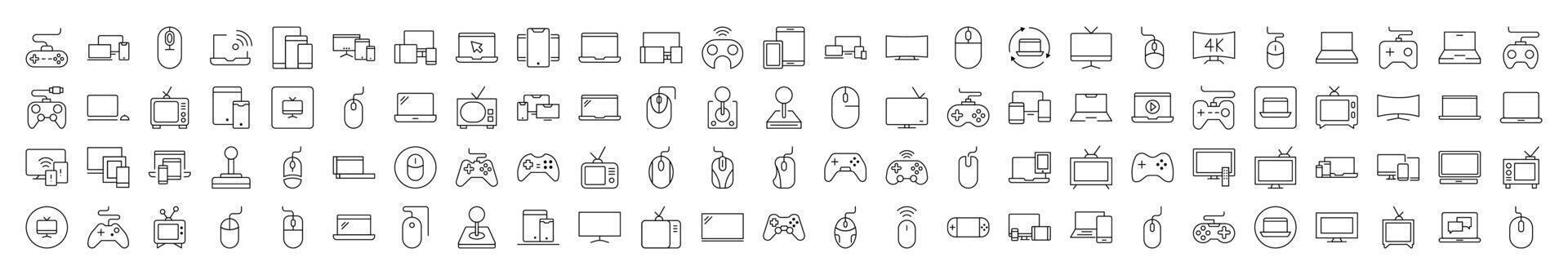 Devices Line Icon Collection. Modern Collection for Design, Web Sites, Apps, Cards. Contains Linear Images of Computer, Mouse, Joystick, TV vector