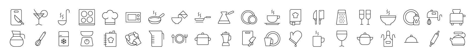 Kitchen and Cooking Icon Pack. Contains Icons of Cutting Board, Frying Pan, Cutlery, Cookbook that Can Be Used for Design of Cards, Posts, Apps, Web Sites vector