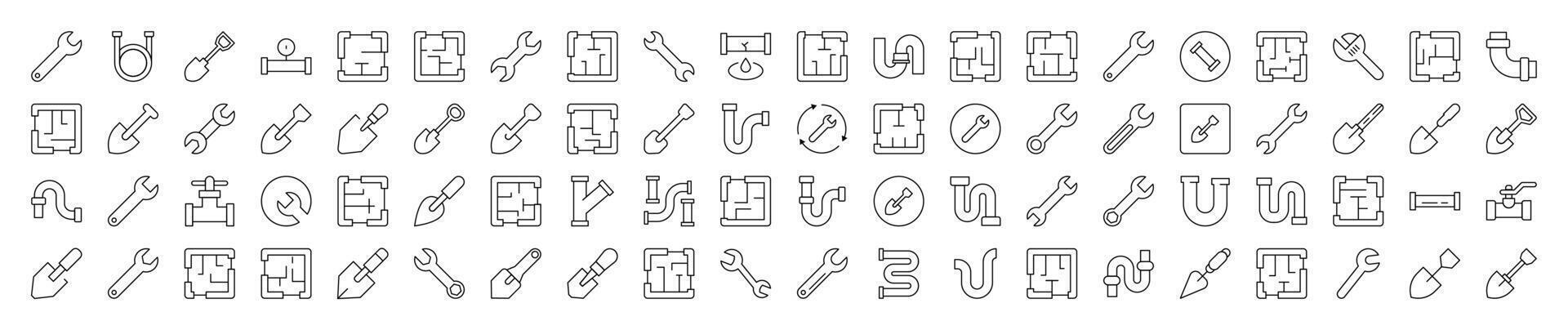 Pack of Repair and Renovation Related Line Icons. Editable Stroke for Design, Web Sites, Apps, Cards. Contains Linear Images of Floor Plan, Shovel, Spanner, Pipe vector