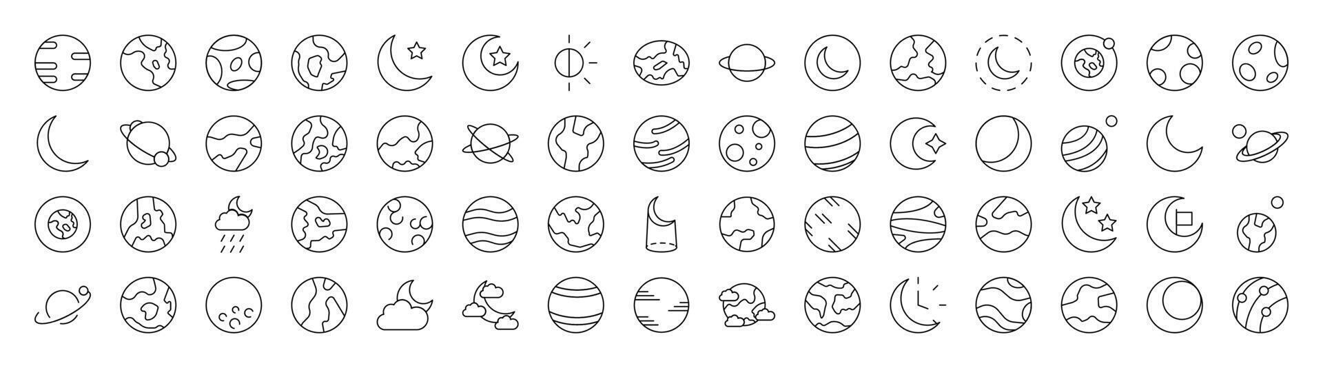 Space Line Icon Pack. Modern Collection for Design, Web Sites, Apps, Cards. Contains Linear Images of Various Planets vector