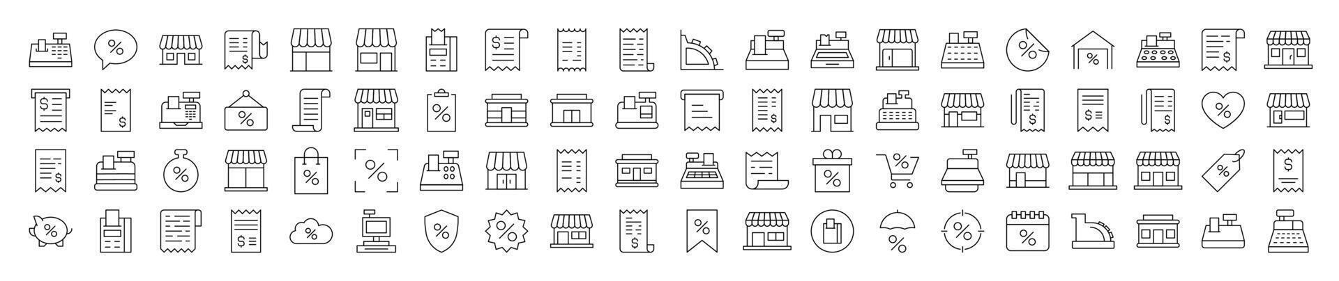 Shopping Outline Simple Icons Bundle. Contains Icons of Store, Receipt, Cash Register that Can Be Used for Design of Cards, Posts, Apps, Web Sites vector