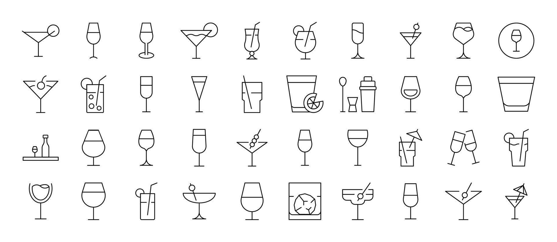 Drinks Outline Simple Icons Bundle. Contains Icons of Glasses of Cocktail, Champaign and Other that Can Be Used for Design of Cards, Posts, Apps, Web Sites vector