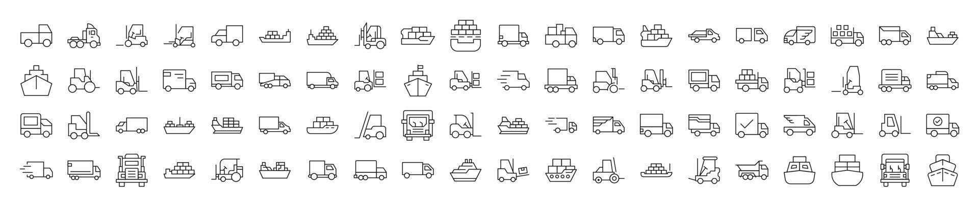 Ship, Van, Tractor Line Icon Bundle. Editable Stroke. Minimalistic Linear Pictogram for Design of Cards, Apps, Banners, Posts vector