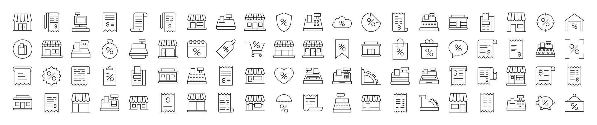 Minimalistic Linear Illustrations of Shopping. Contains Icons of Store, Receipt, Cash Register that Can Be Used for Design of Cards, Posts, Apps, Web Sites vector