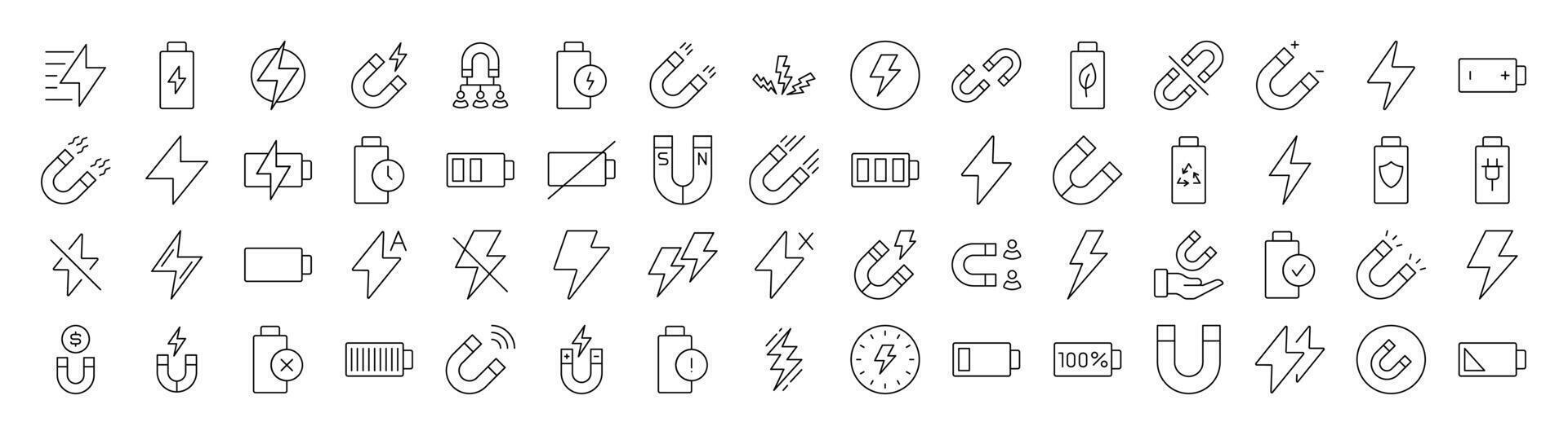 Bundle of Line Icons of Energy, Battery, Charger. Editable Stroke. Minimalistic Linear Pictogram for Design of Cards, Apps, Banners, Posts vector