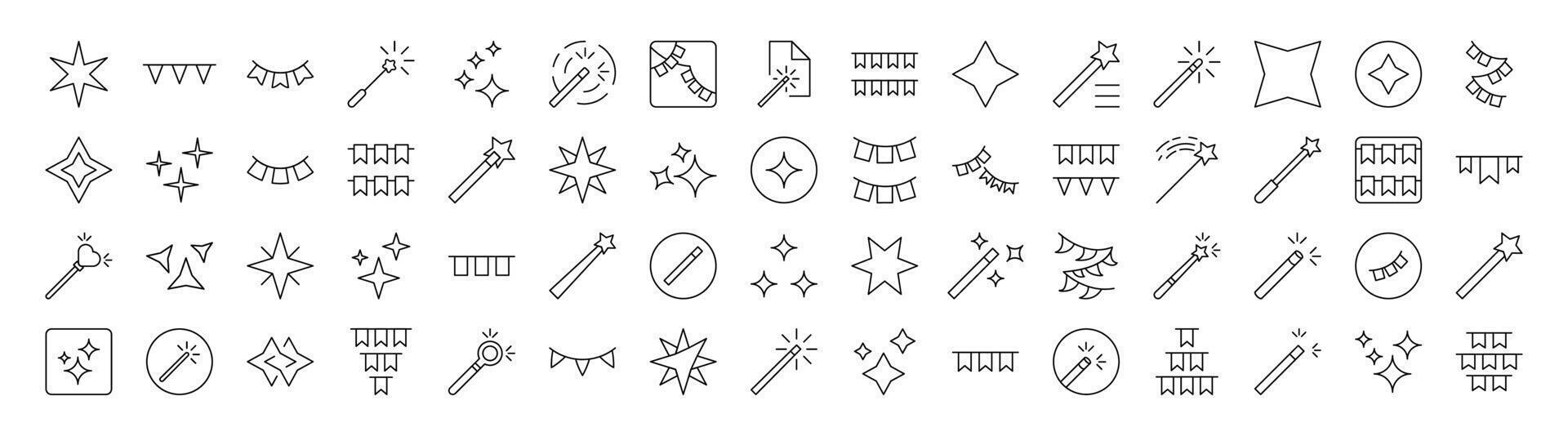 Holiday Line Icon Bundle. Modern Collection for Design, Web Sites, Apps, Cards. Contains Linear Images of Magic Wand, Garlands, Sparkles vector