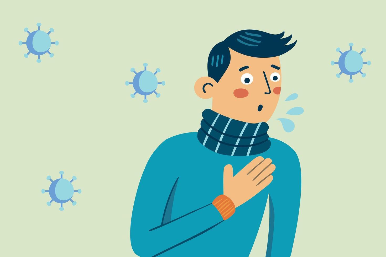 Coughing man flat character illustration. Flu symptoms. Viruses flying around vector