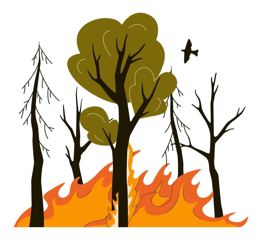 Wildfire. Burning forest trees, dangerous and harmful nature disaster. vector