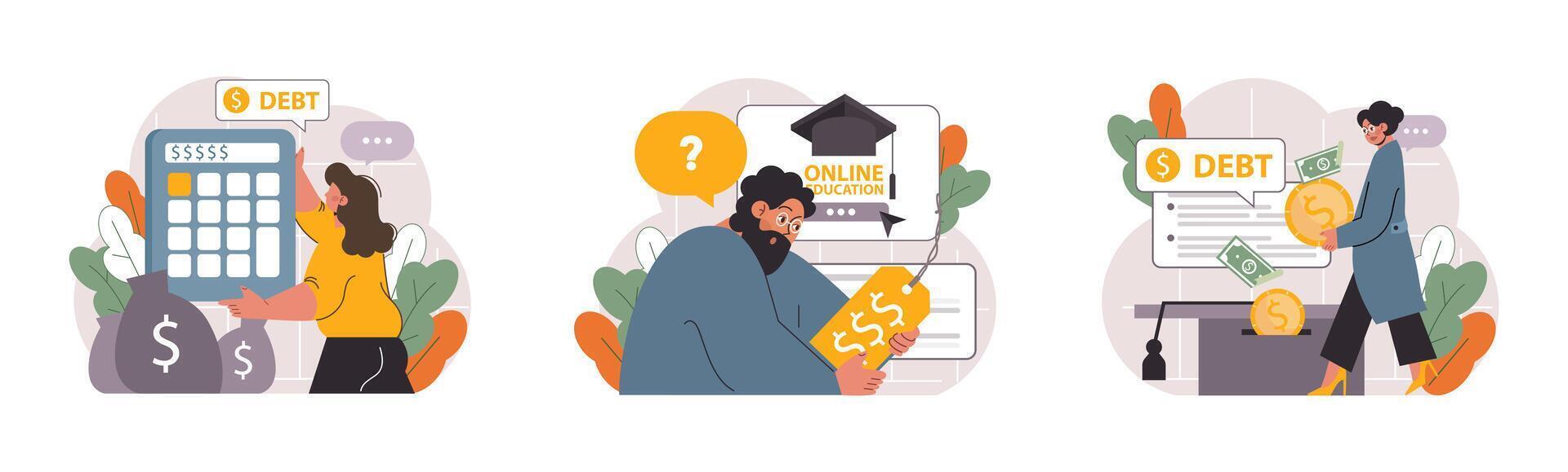 Student debt set. Young graduated character with a financial crisis. Expencive vector