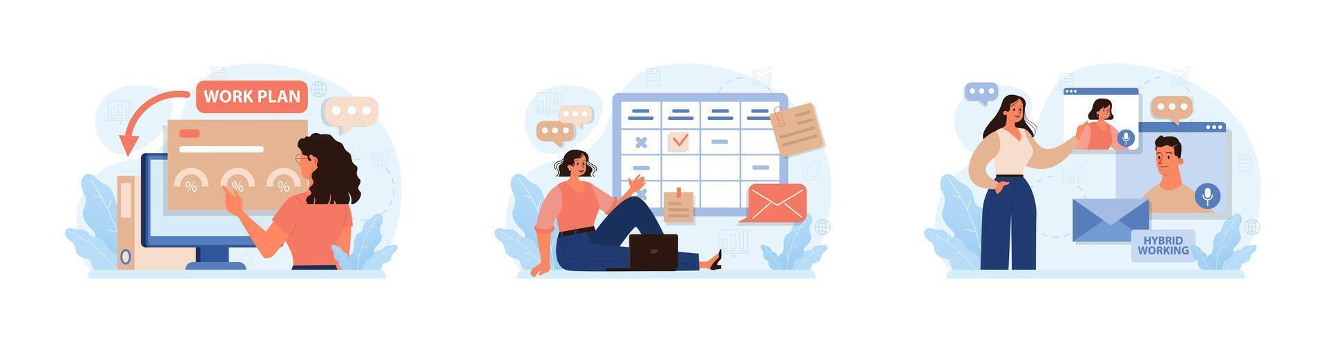 Hybrid work set. Characters with a flexible schedule, working from office vector