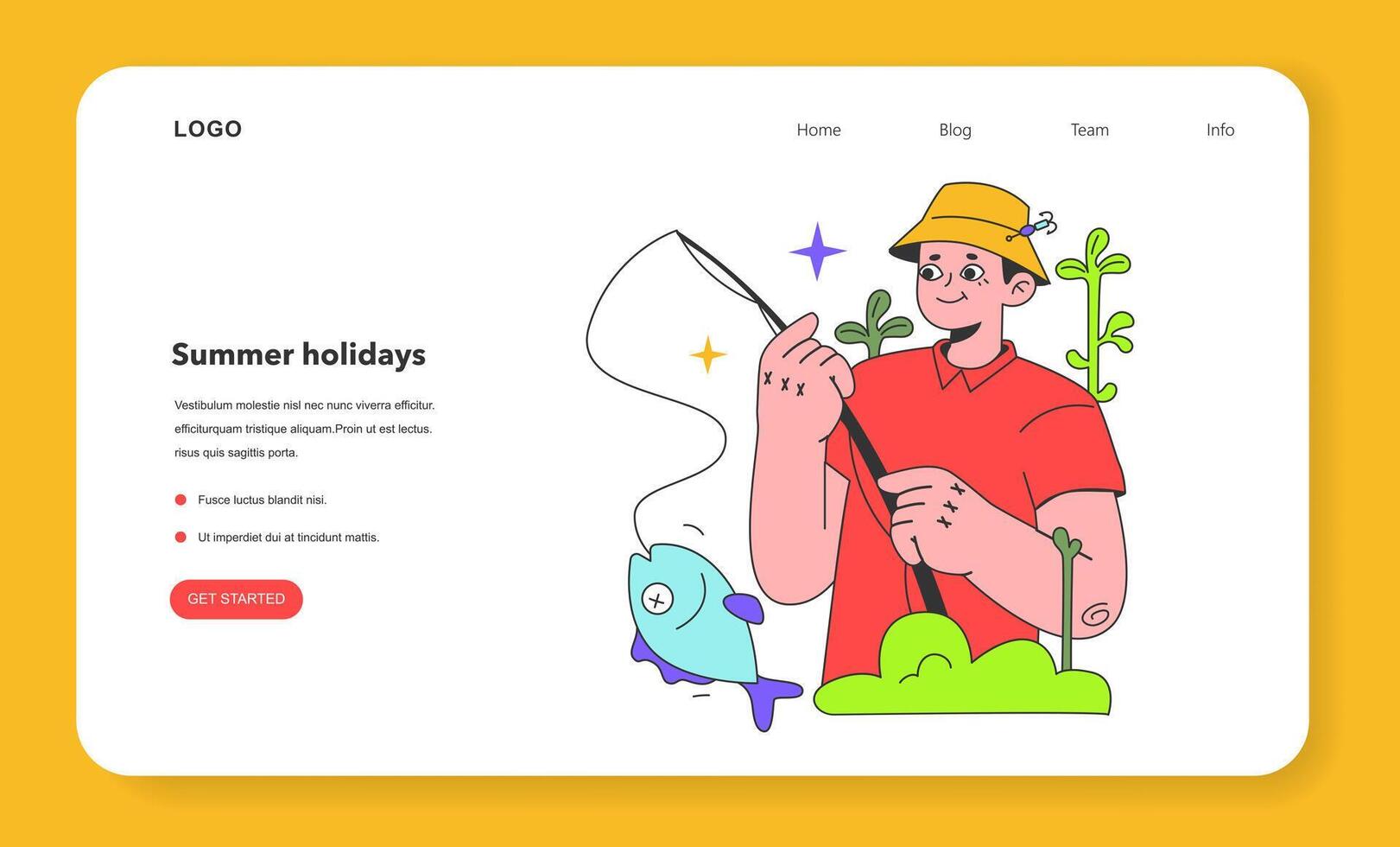 Summer time activity web banner or landing page. Man with a spinning vector