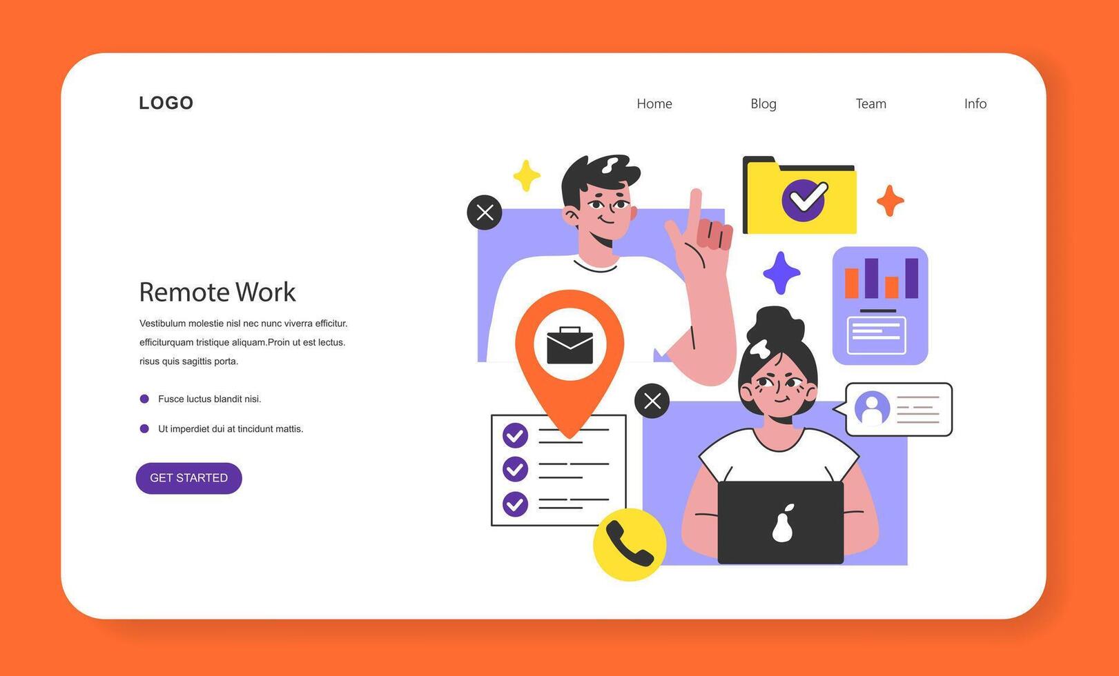 Remote work web banner or landing page. Characters with a flexible vector