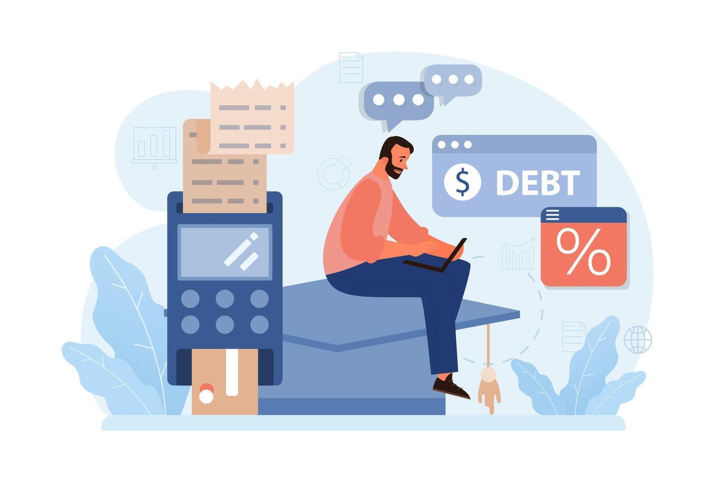 Student debt. Young graduated character with a financial crisis. Expencive vector