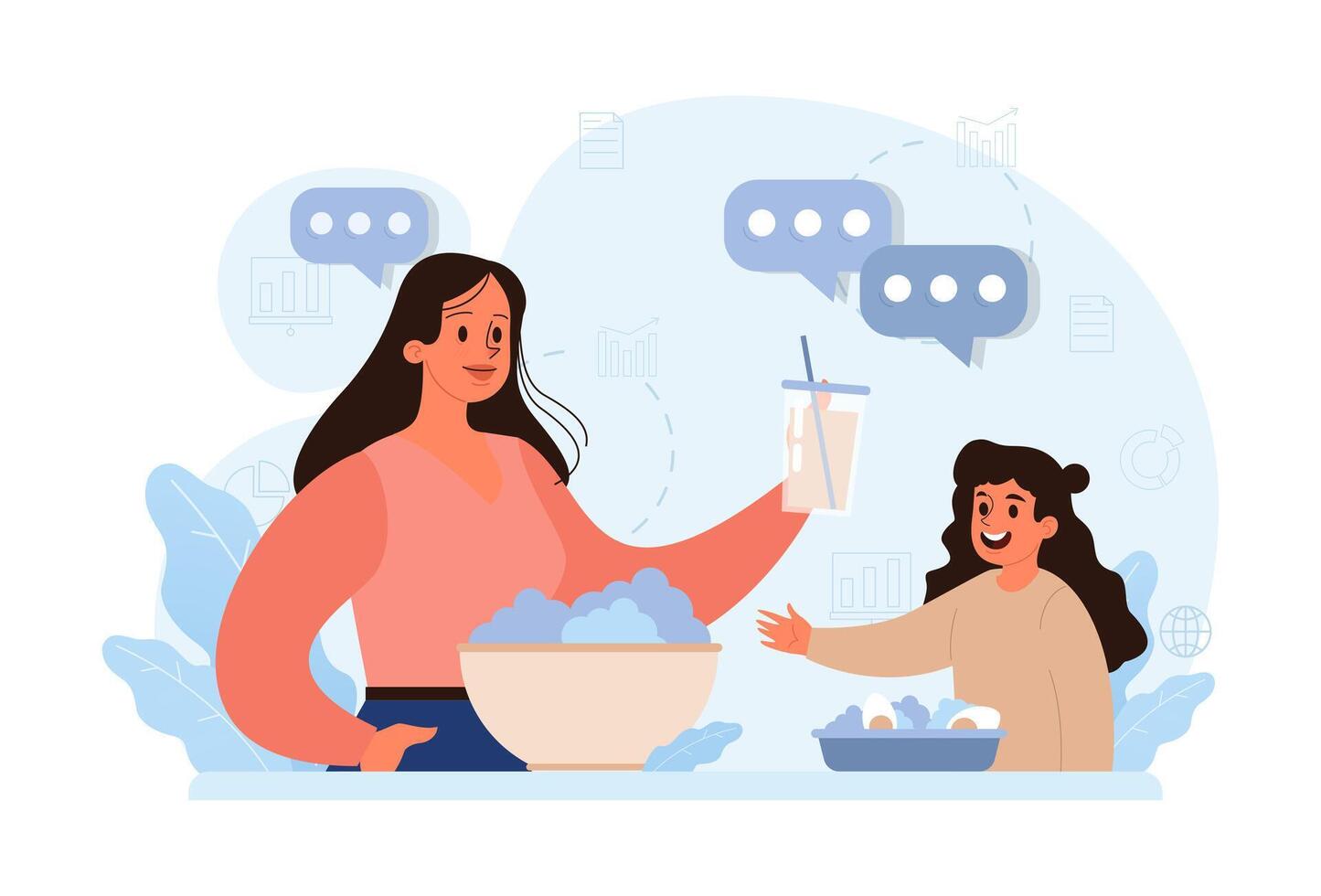 Hygge. Happy woman and girl relaxing at home, eating breakfast together, vector