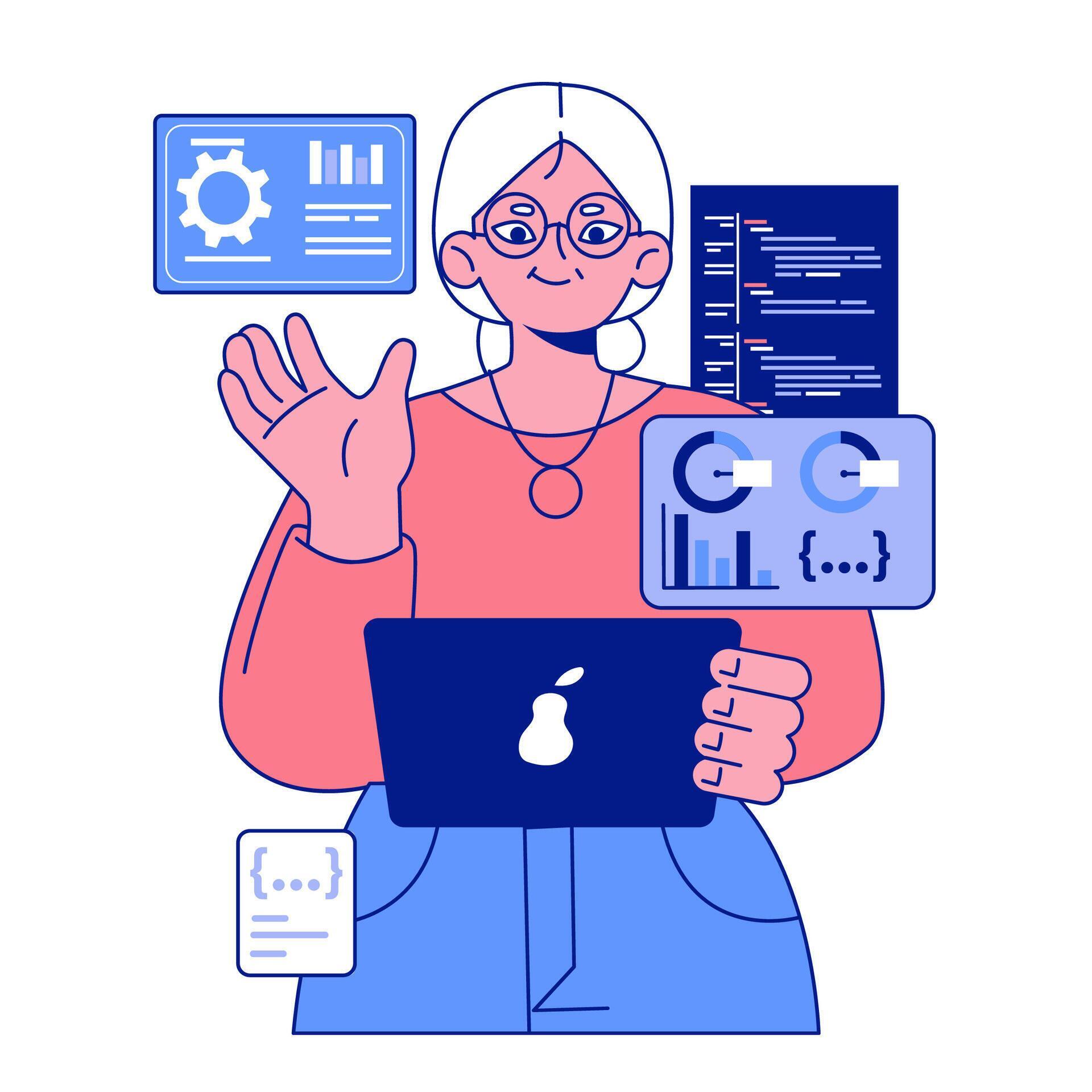 Senior developer. Old woman programming and coding. Developing 50004930 ...