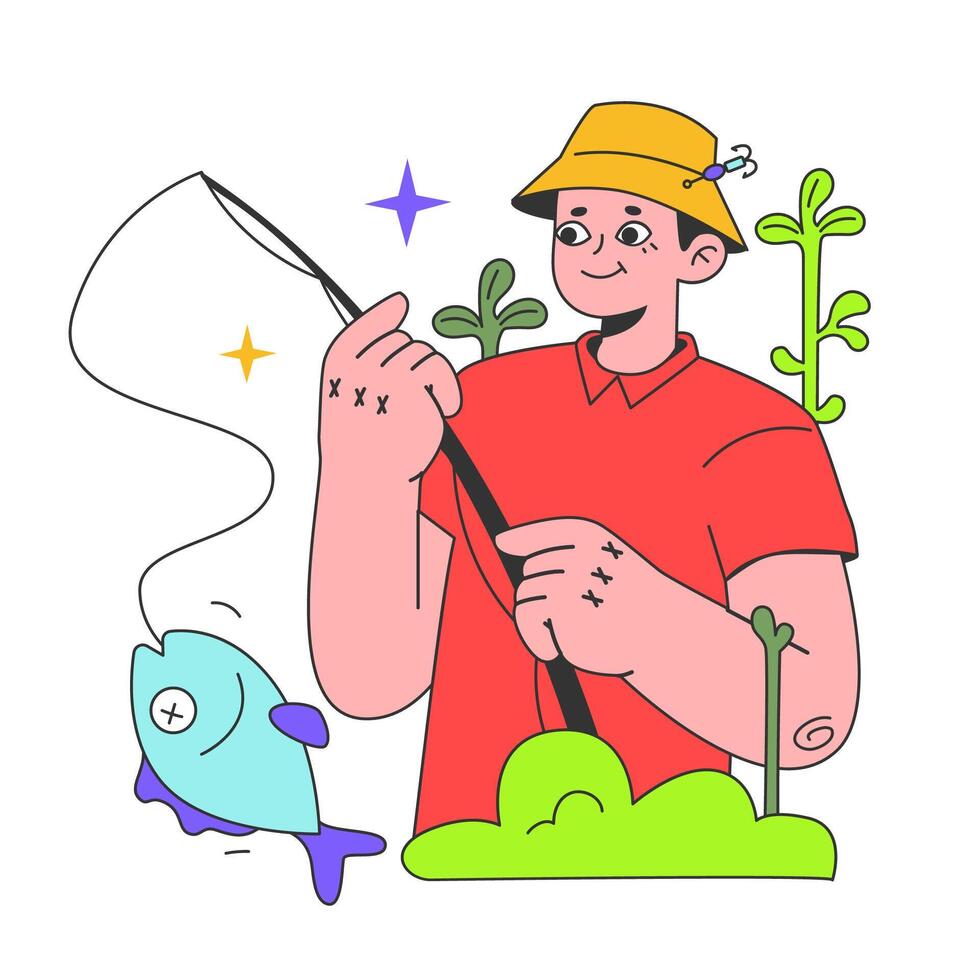 Summer time activity. Man with a spinning catching a fish. Slow, rural vector