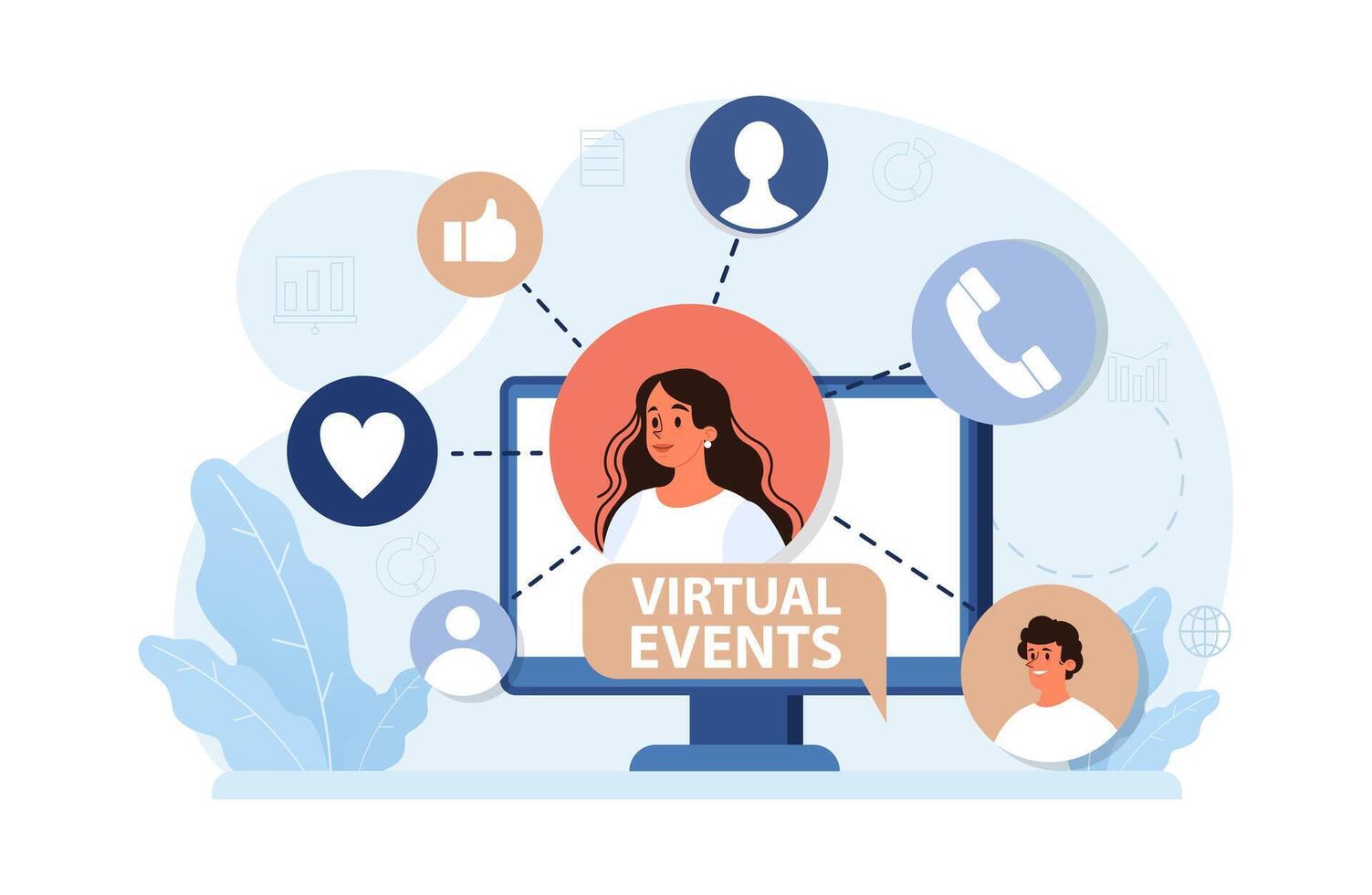 Virtual events. Online education, conference, exhibition, friends vector