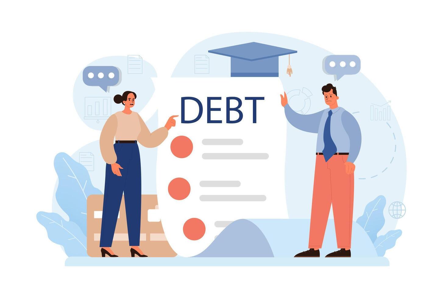Student debt. Young graduated character with a financial crisis. Expencive vector