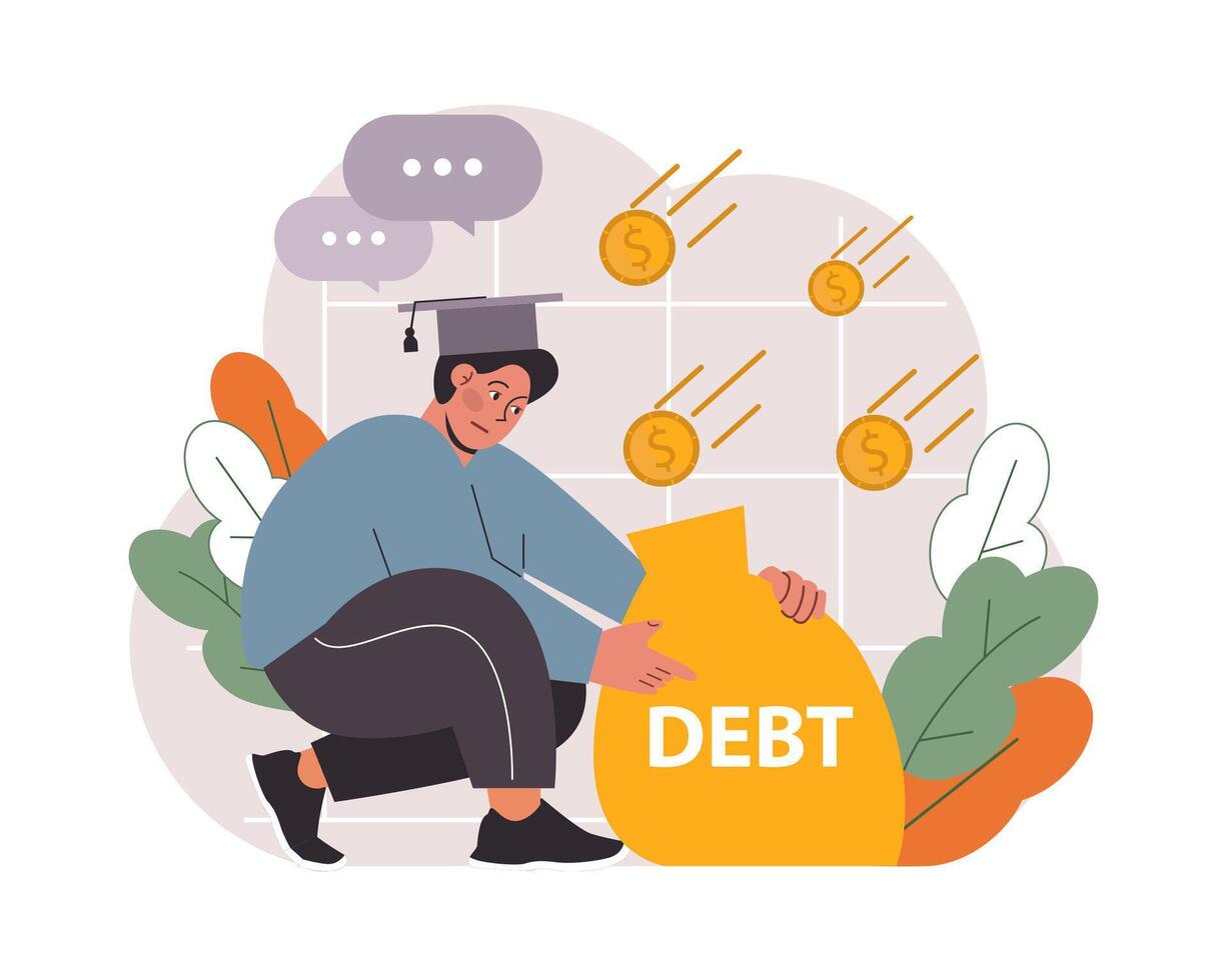 Student debt. Young graduated character with a financial crisis. Expencive vector
