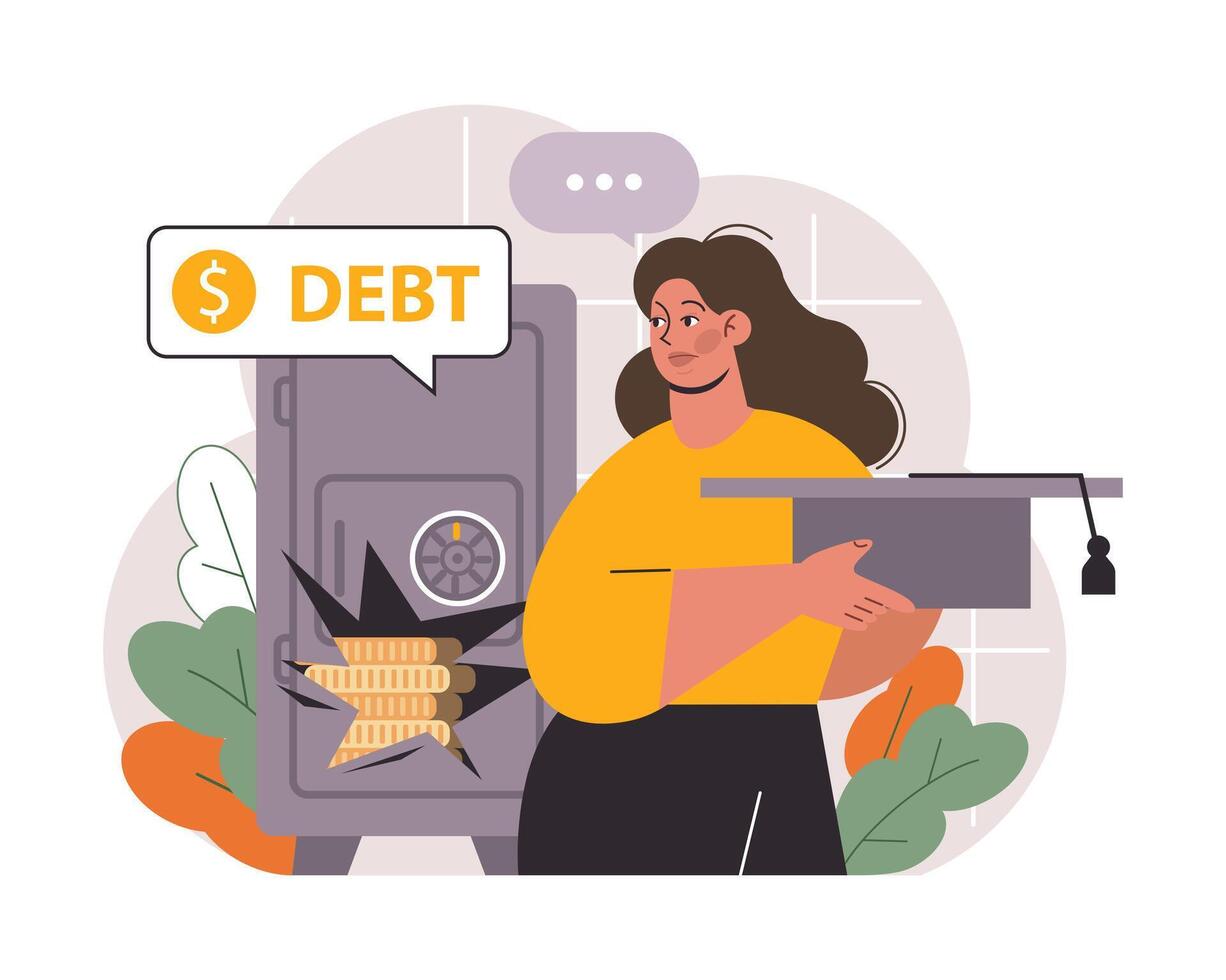 Student debt. Young graduated character with a financial crisis. Expencive vector