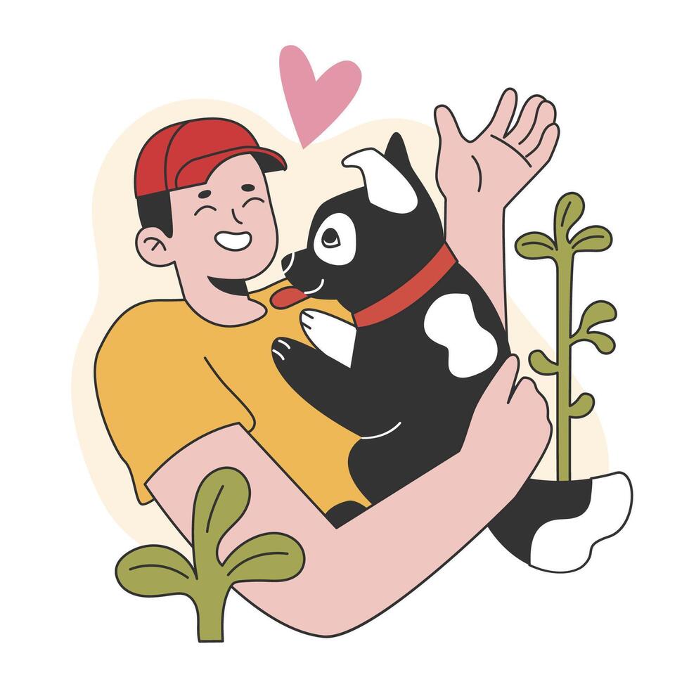 Character with a dog. Happy man and pet spend time together. Friendship vector