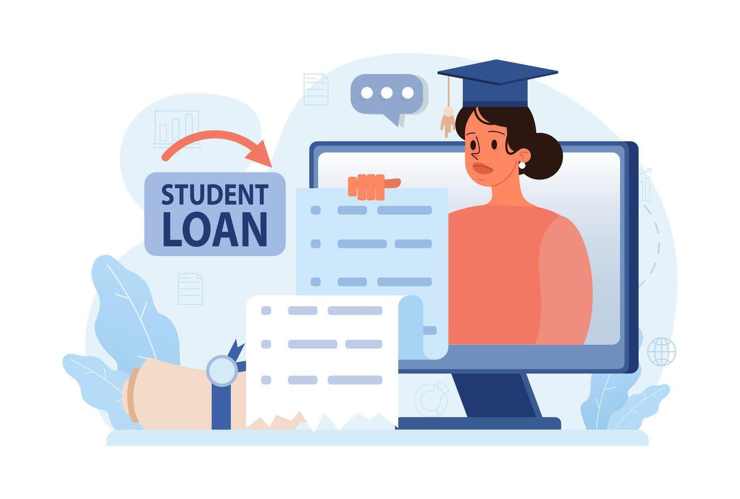 Student debt. Young graduated character with a financial crisis. Expencive vector
