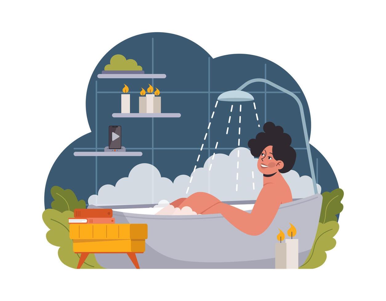 Hygge. Happy woman relaxing at home. Female character taking bath vector