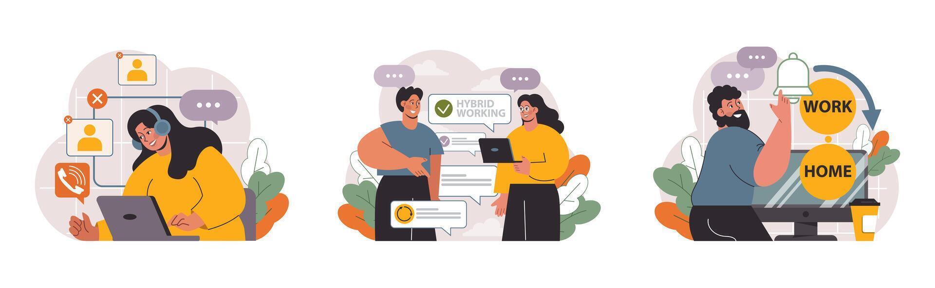 Hybrid work set. Characters with a flexible schedule, working from office vector