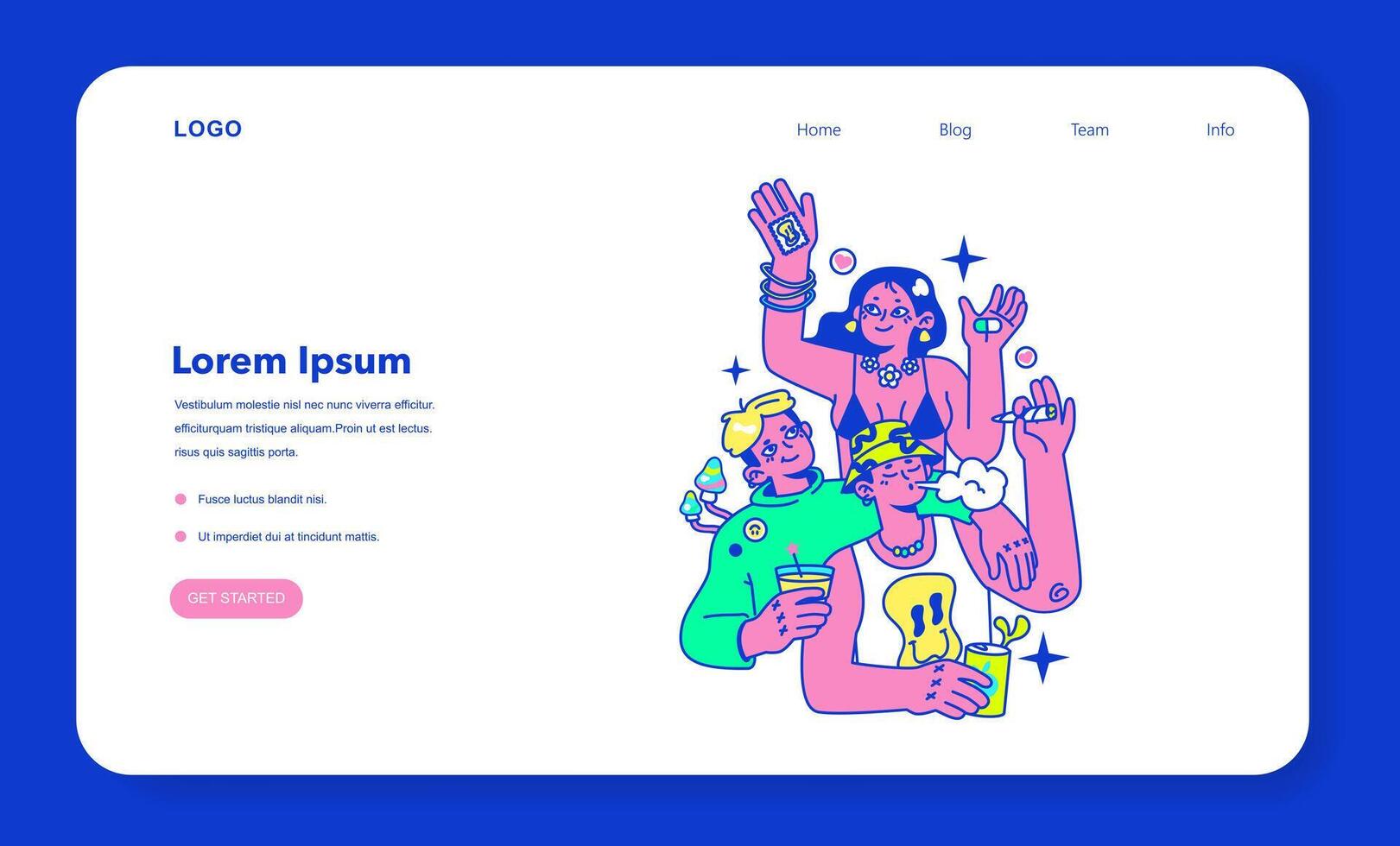 Psychedelic trip party web banner or landing page. Rave camp. vector