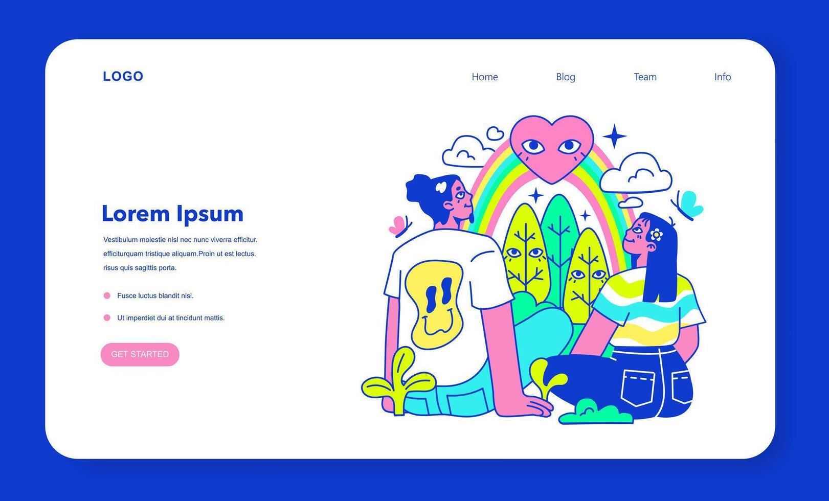 Psychedelic trip party web banner or landing page. Rave camp. vector