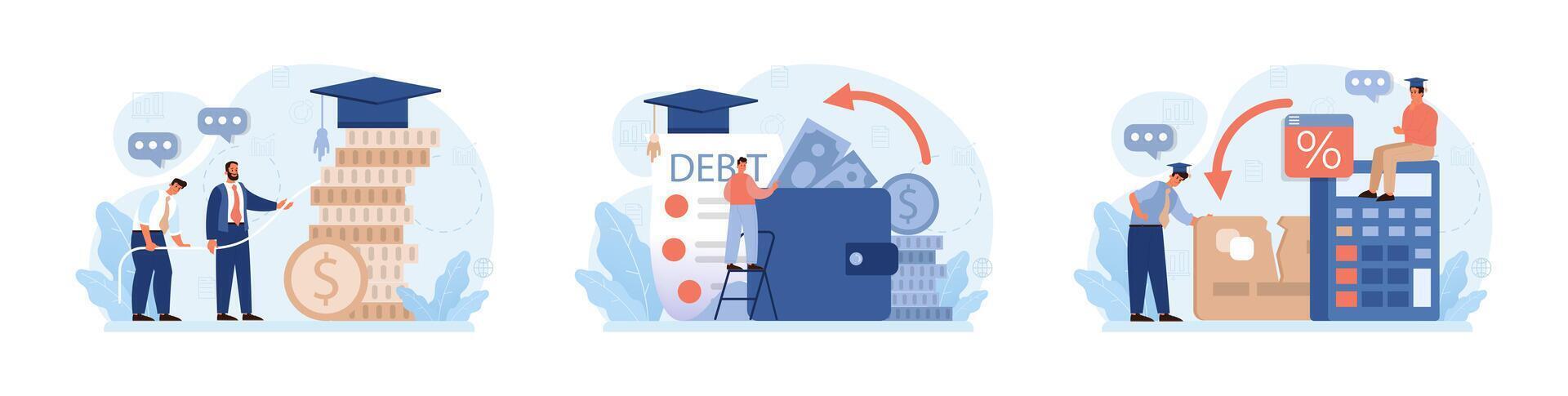 Student debt set. Young graduated character with a financial crisis. Expencive vector