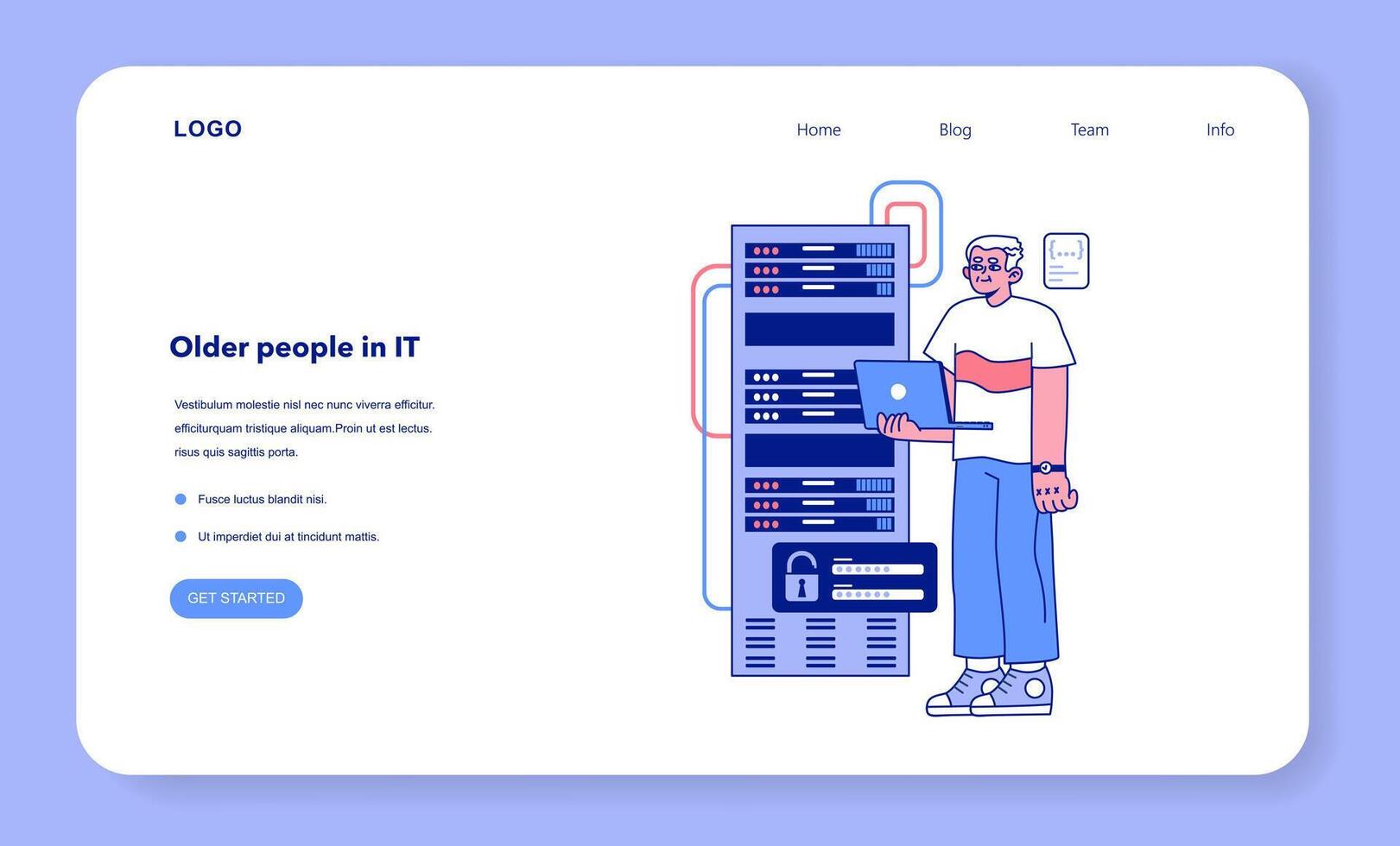 Senior developer web banner or landing page. Oldman programming vector