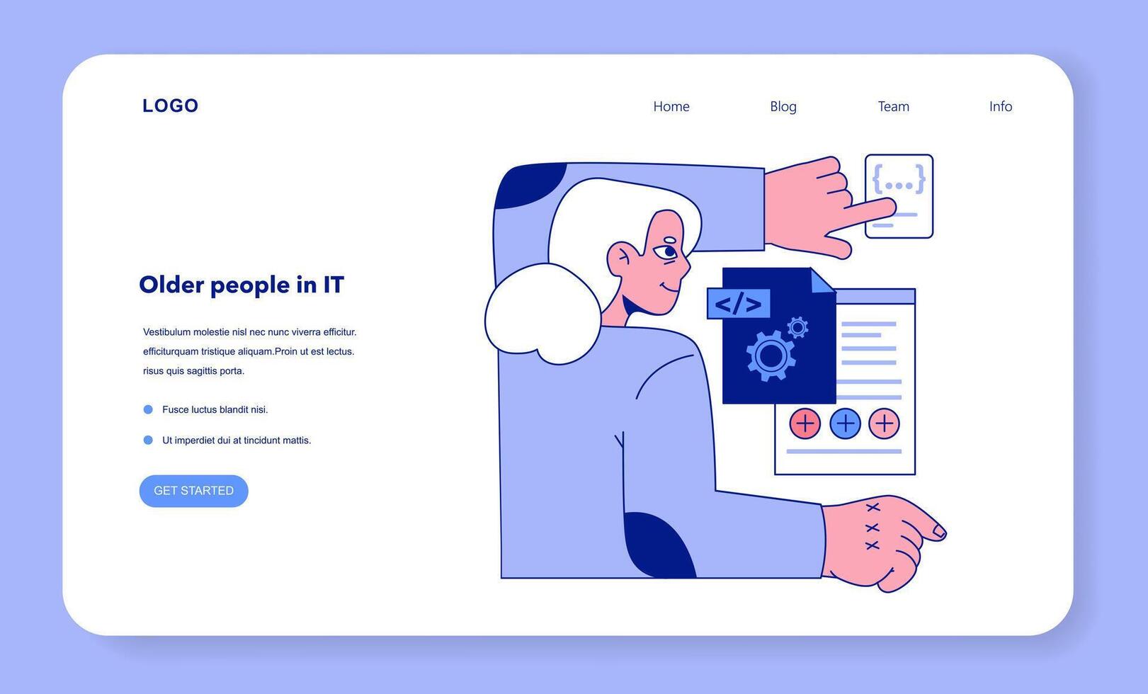 Senior developer web banner or landing page. Old woman programming vector