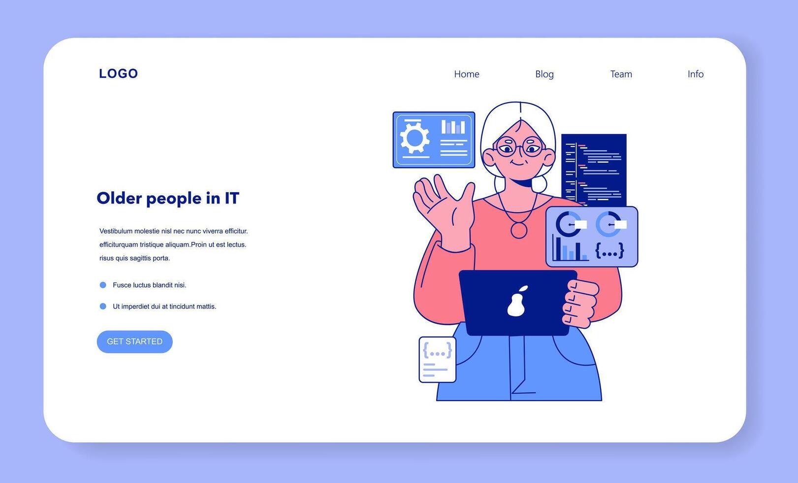 Senior developer web banner or landing page. Old woman programming vector