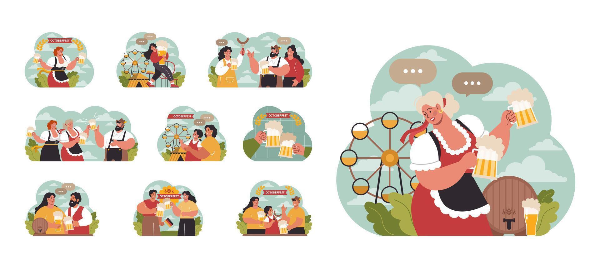 Oktoberfest festival set. Cheerful Bavarian pub worker in a national vector