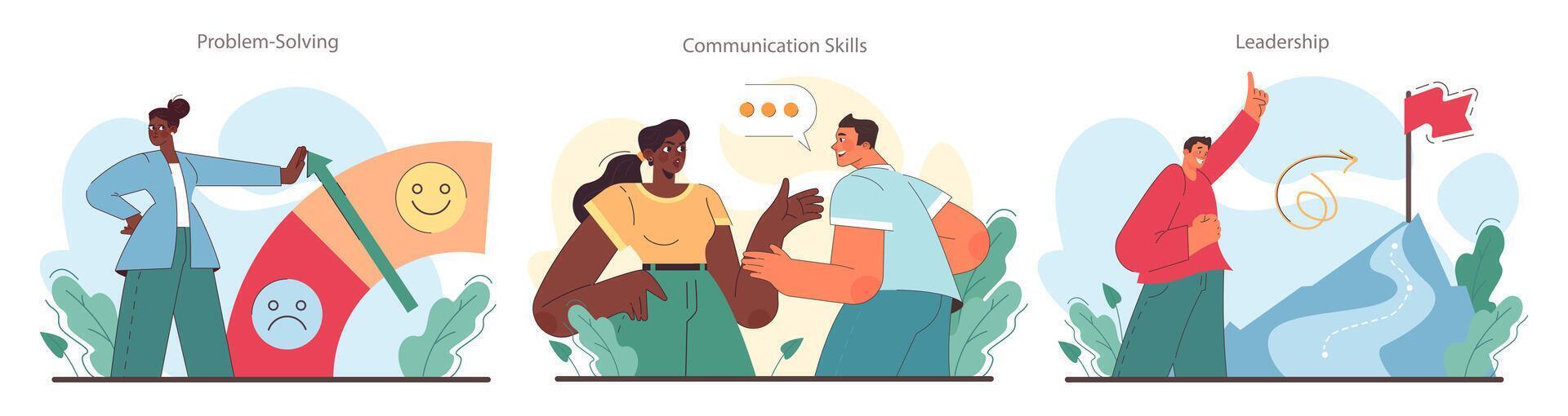 Soft skills set. Employees with communication and effective teamwork vector