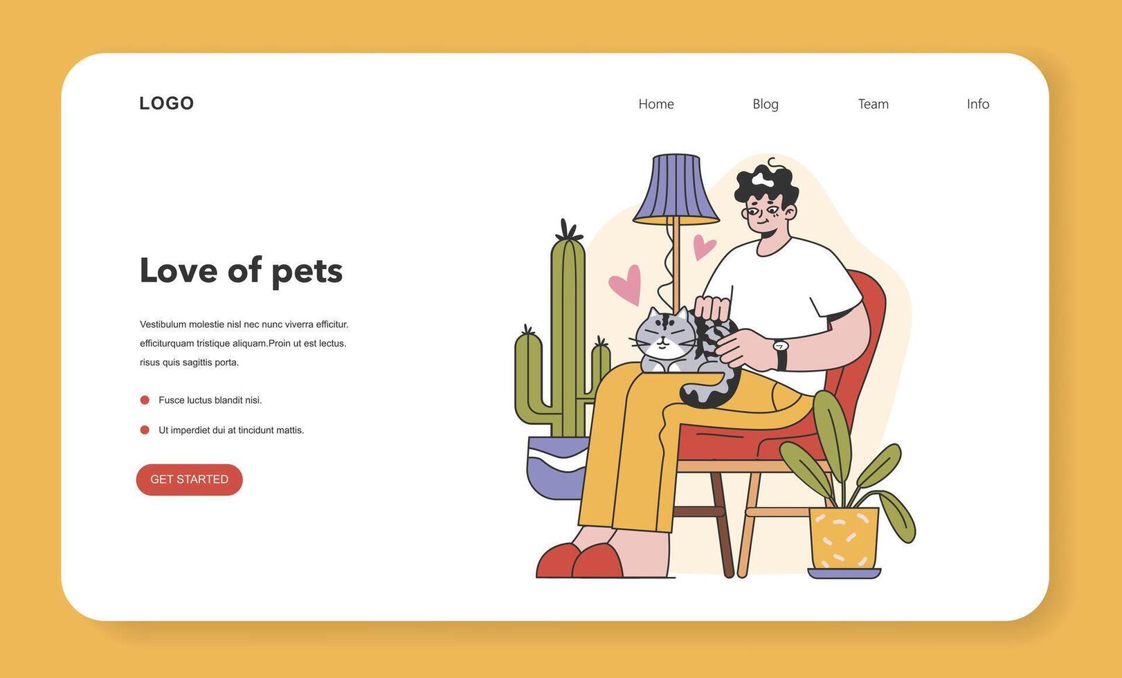 Character with a cat web banner or landing page. Happy man and kitten vector