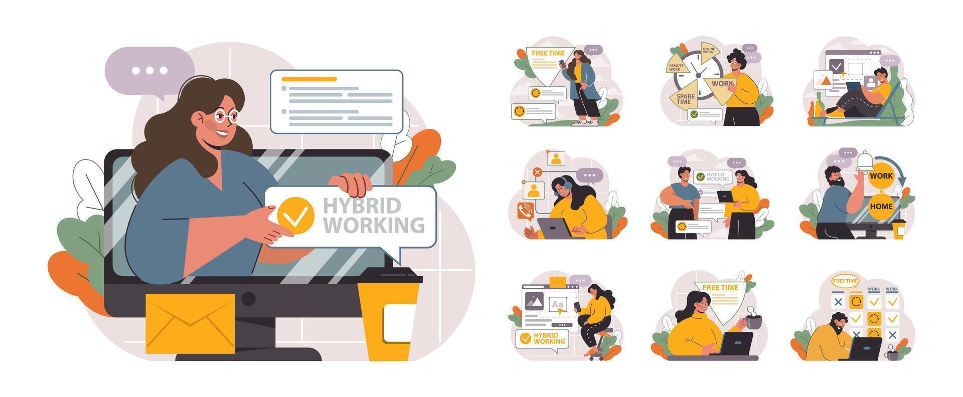 Hybrid work set. Characters with a flexible schedule, working from office vector