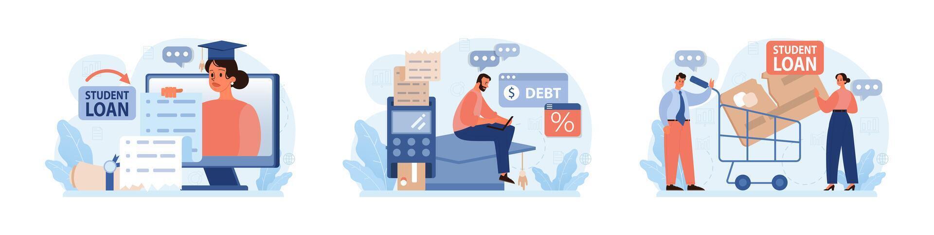 Student debt set. Young graduated character with a financial crisis. Expencive vector